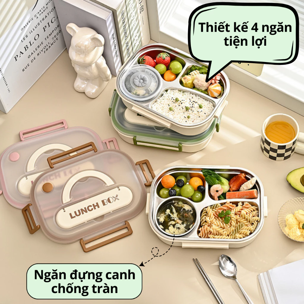 Hộp cơm 4 ngăn khay inox cao cấp Uchan Hộp đựng thức ăn Camen cơm chia ngăn SP15