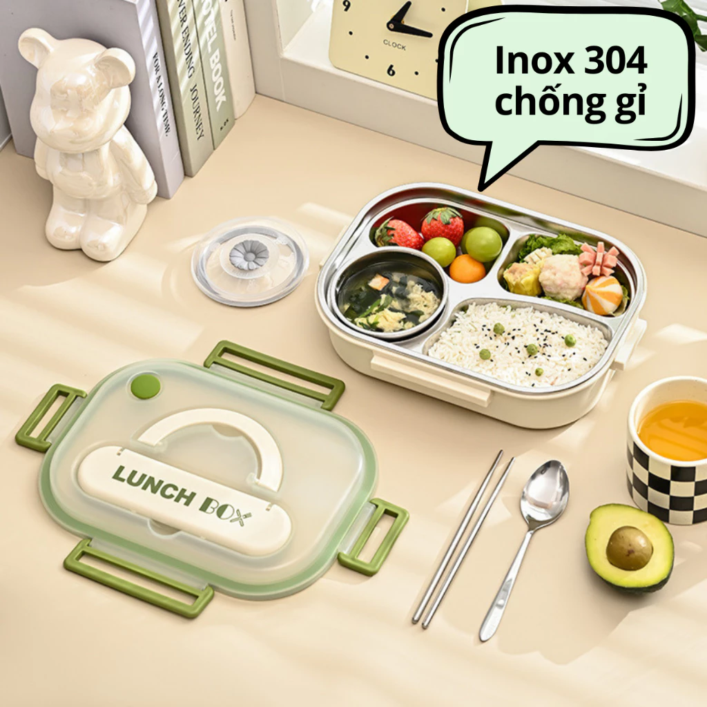 Hộp cơm 4 ngăn khay inox cao cấp Uchan Hộp đựng thức ăn Camen cơm chia ngăn SP15