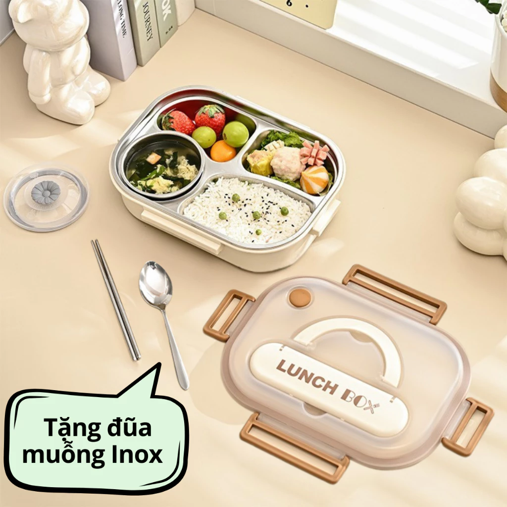 Hộp cơm 4 ngăn khay inox cao cấp Uchan Hộp đựng thức ăn Camen cơm chia ngăn SP15