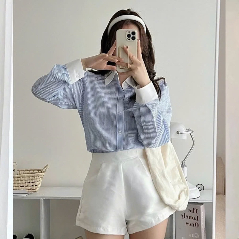 Áo sơ mi họa tiết kẻ sọc xanh nữ thiết kế cổ trắng kiểu dáng basic, áo sơ mi tay dài phối HM1 CỔ BẺ