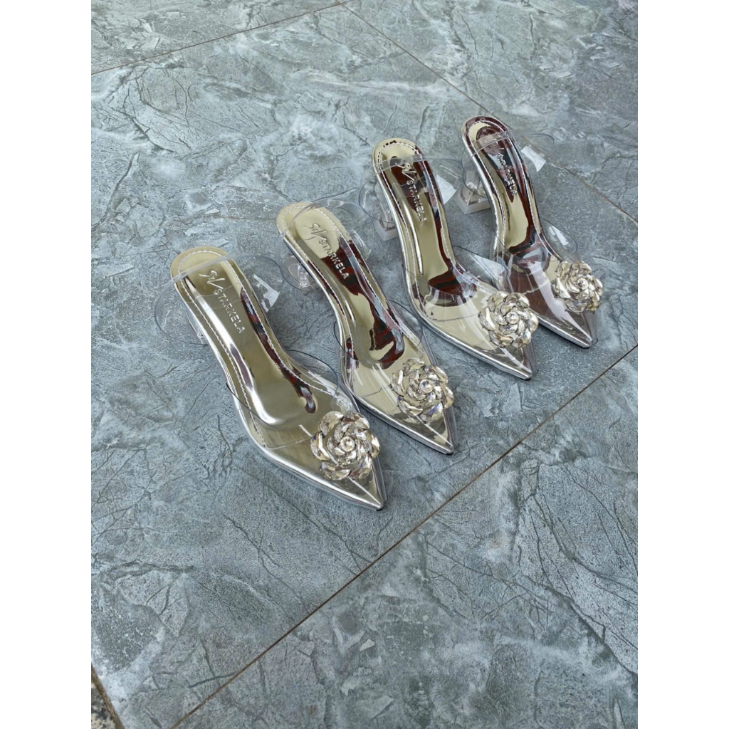 Giày trong suốt đính đá hoa hồng, cao gót 5p 7p quai sau trẻ trung sang chảnh - Freeship toàn quốc