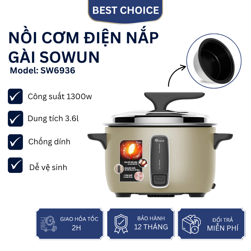Nồi cơm điện nắp gài Sowun SW6938 3.6L công suất 1300W, lòng viền nhôm ...