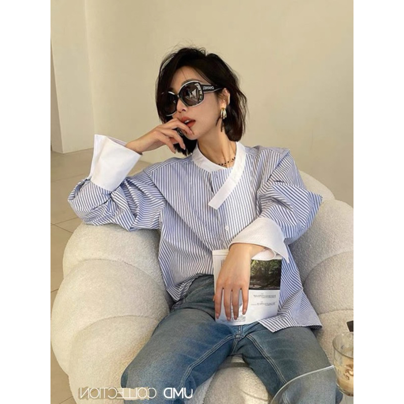 Áo sơ mi công sở ATOMI cổ sen phối nơ chéo kẻ xanh phối trắng nữ tính đi làm đi chơi M8 CỔ DÂY