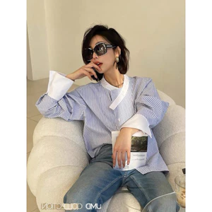 Áo sơ mi công sở ATOMI cổ sen phối nơ chéo kẻ xanh phối trắng nữ tính đi làm đi chơi M8 CỔ DÂY
