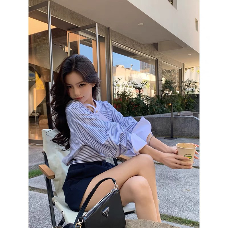 Áo sơ mi công sở ATOMI cổ sen phối nơ chéo kẻ xanh phối trắng nữ tính đi làm đi chơi M8 CỔ DÂY