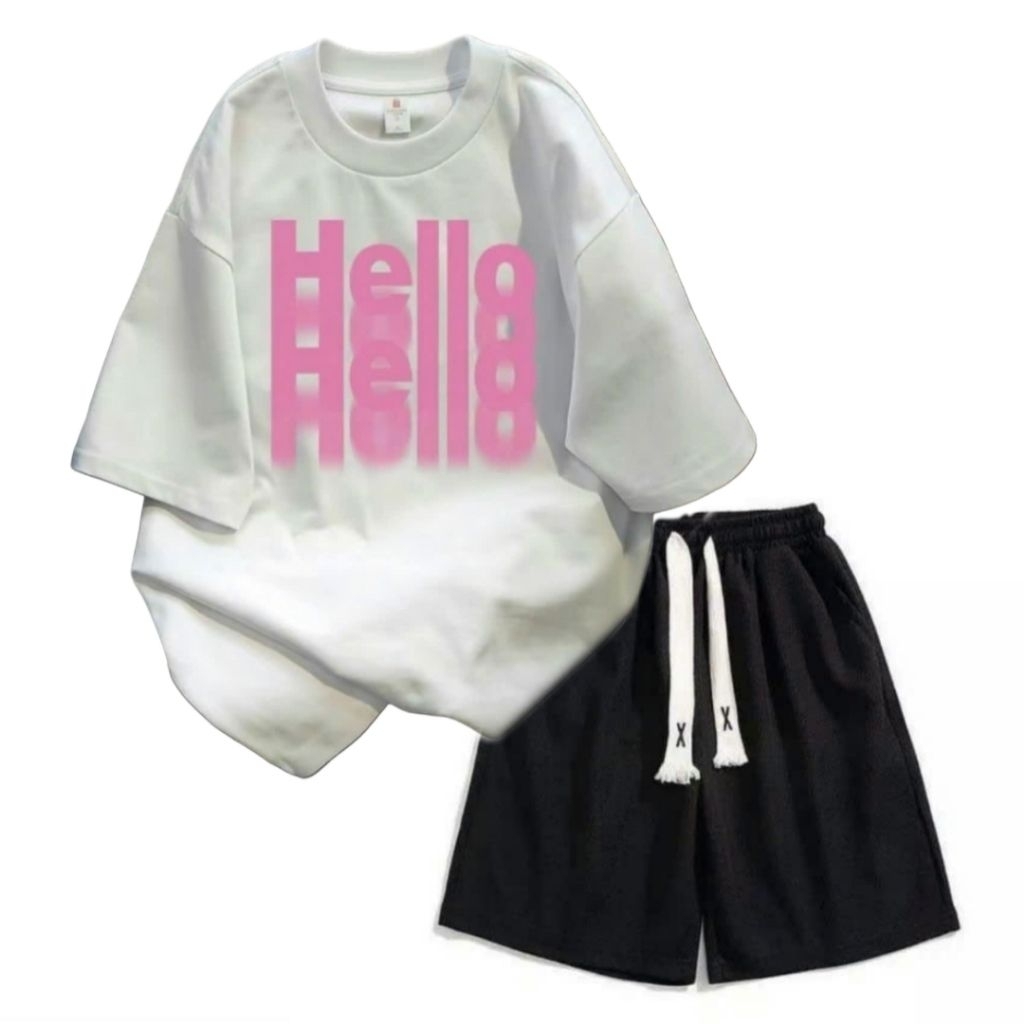 Sét Bộ Quần đùi trơn  + mix áo phông form rộng - áo Hello