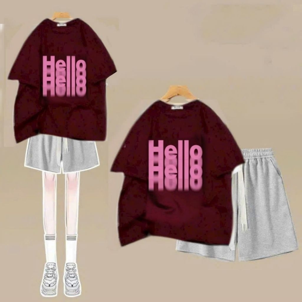 Sét Bộ Quần đùi trơn  + mix áo phông form rộng - áo Hello