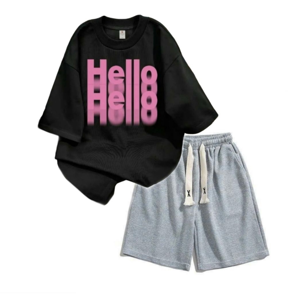 Sét Bộ Quần đùi trơn  + mix áo phông form rộng - áo Hello