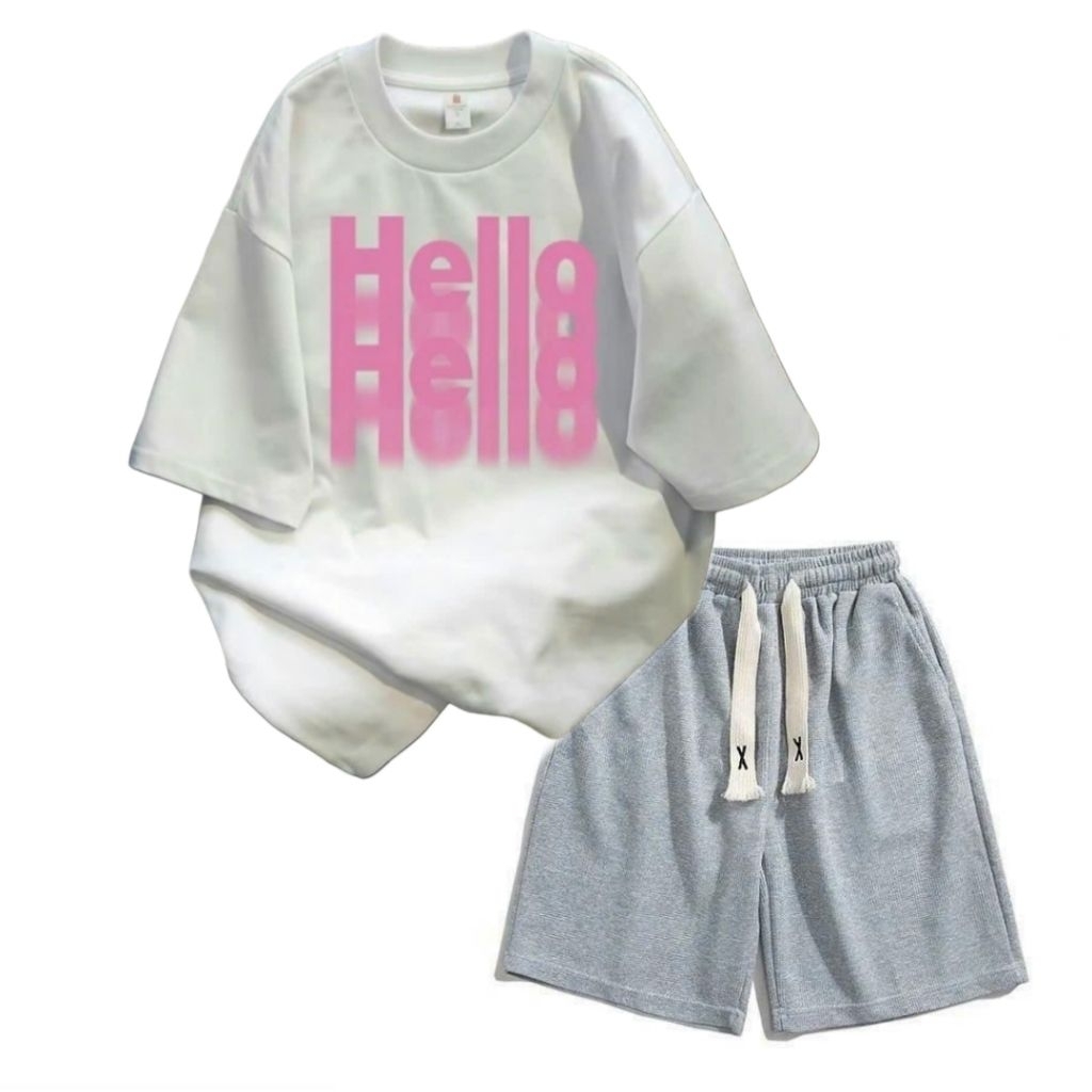 Sét Bộ Quần đùi trơn  + mix áo phông form rộng - áo Hello