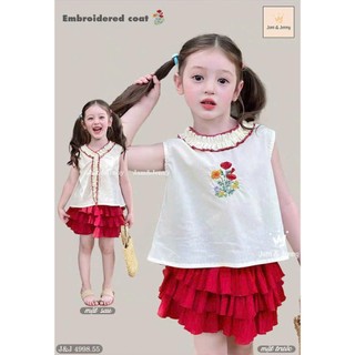 [B&G] Sét váy áo thô cotton hoa kèm chân váy đỏ tầng bồng bềnh cho bé gái từ 12-45kg