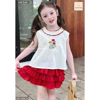 [B&G] Sét váy áo thô cotton hoa kèm chân váy đỏ tầng bồng bềnh cho bé gái từ 12-45kg