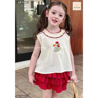 [B&G] Sét váy áo thô cotton hoa kèm chân váy đỏ tầng bồng bềnh cho bé gái từ 12-45kg