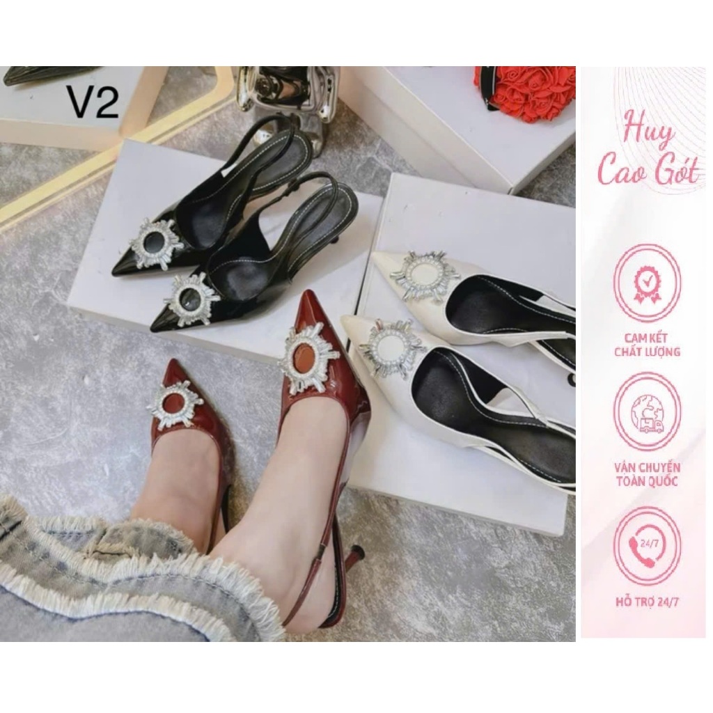 Giầy mũi nhọn đính hoa mặt trời, cao gót 7p chất da bóng mềm êm lên chân xinh sang-Freeship toàn quốc