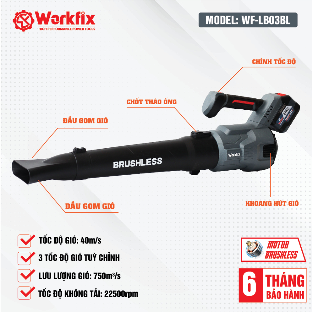 Máy Thổi Bụi Pin WF-LB03BL Workfix 12,7mm, Pin 15 Cell, Không Chổi Than, Ruột Đồng 100%