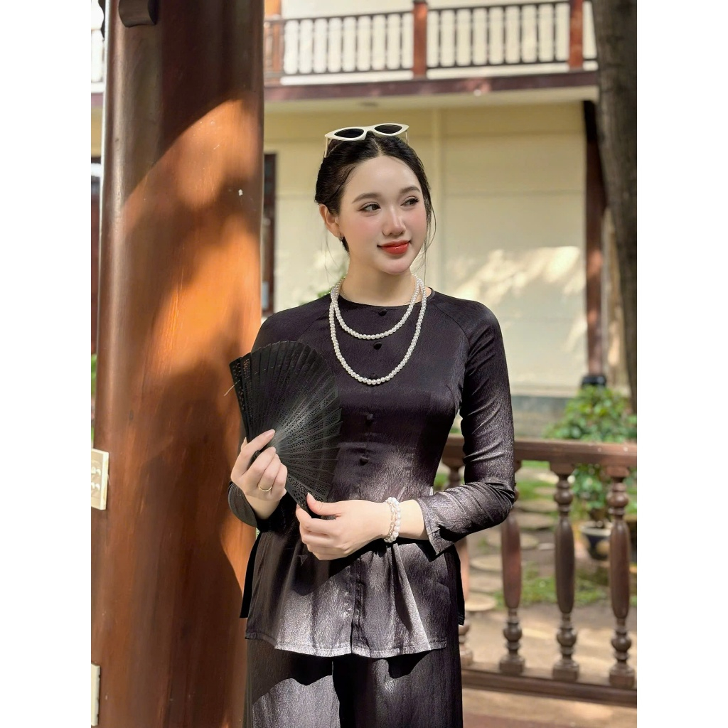 Hân Nguyễn Áo Bà Ba - B.A109 - ( ÁO LẺ ) Bà Ba Gấm Xước Nút Nụ Cổ Tròn Tay Dài Dây Kéo