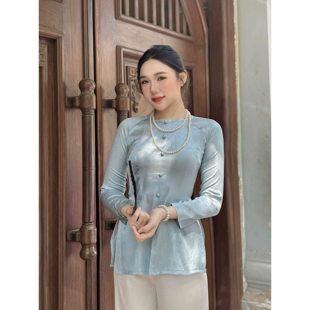 Hân Nguyễn Áo Bà Ba - B.A109 - ( ÁO LẺ ) Bà Ba Gấm Xước Nút Nụ Cổ Tròn Tay Dài Dây Kéo