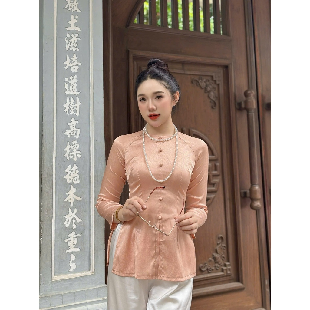 Hân Nguyễn Áo Bà Ba - B.A109 - ( ÁO LẺ ) Bà Ba Gấm Xước Nút Nụ Cổ Tròn Tay Dài Dây Kéo