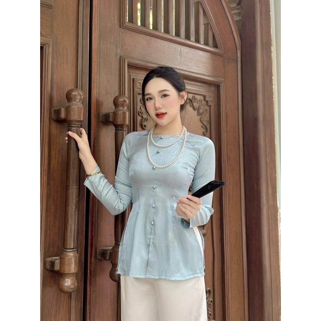 Hân Nguyễn Áo Bà Ba - B.A109 - Bộ Bà Ba Gấm Xước Nút Nụ Cổ Tròn Tay Dài Dây Kéo