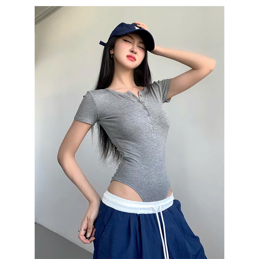 [CÓ SIZE] Áo Bodysuit Cộc Tay Cổ Tròn Phối Cúc Ngực RANSHI Phong Cách Cá Tính Chất Thun Gân Chính Phẩm - RBS045