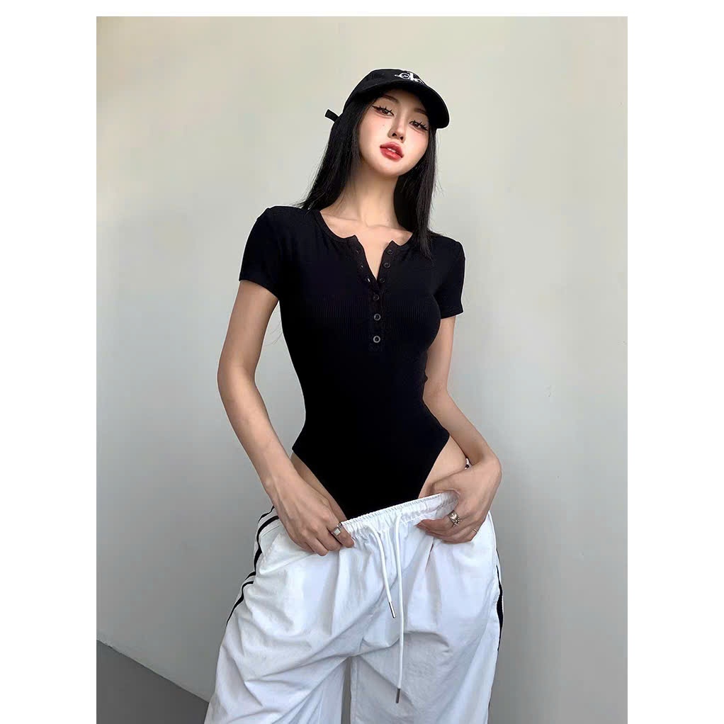 [CÓ SIZE] Áo Bodysuit Cộc Tay Cổ Tròn Phối Cúc Ngực RANSHI Phong Cách Cá Tính Chất Thun Gân Chính Phẩm - RBS045