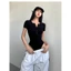 Áo Bodysuit Cộc Tay Cổ Tròn Phối Cúc Ngực RANSHI Phong Cách Cá Tính Chất Thun Gân Chính Phẩm - RBS045