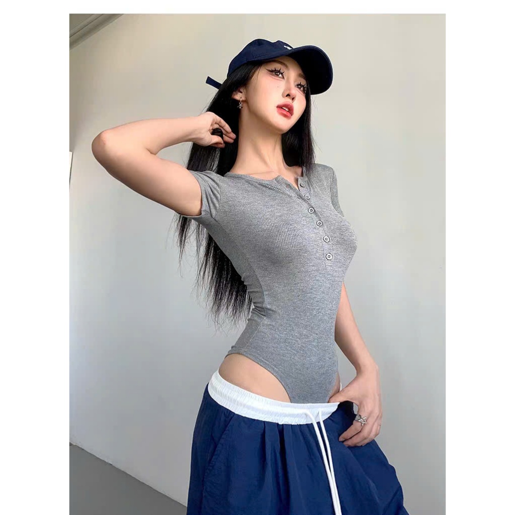 [CÓ SIZE] Áo Bodysuit Cộc Tay Cổ Tròn Phối Cúc Ngực RANSHI Phong Cách Cá Tính Chất Thun Gân Chính Phẩm - RBS045