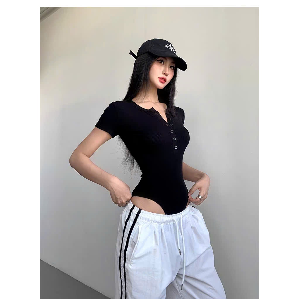[CÓ SIZE] Áo Bodysuit Cộc Tay Cổ Tròn Phối Cúc Ngực RANSHI Phong Cách Cá Tính Chất Thun Gân Chính Phẩm - RBS045