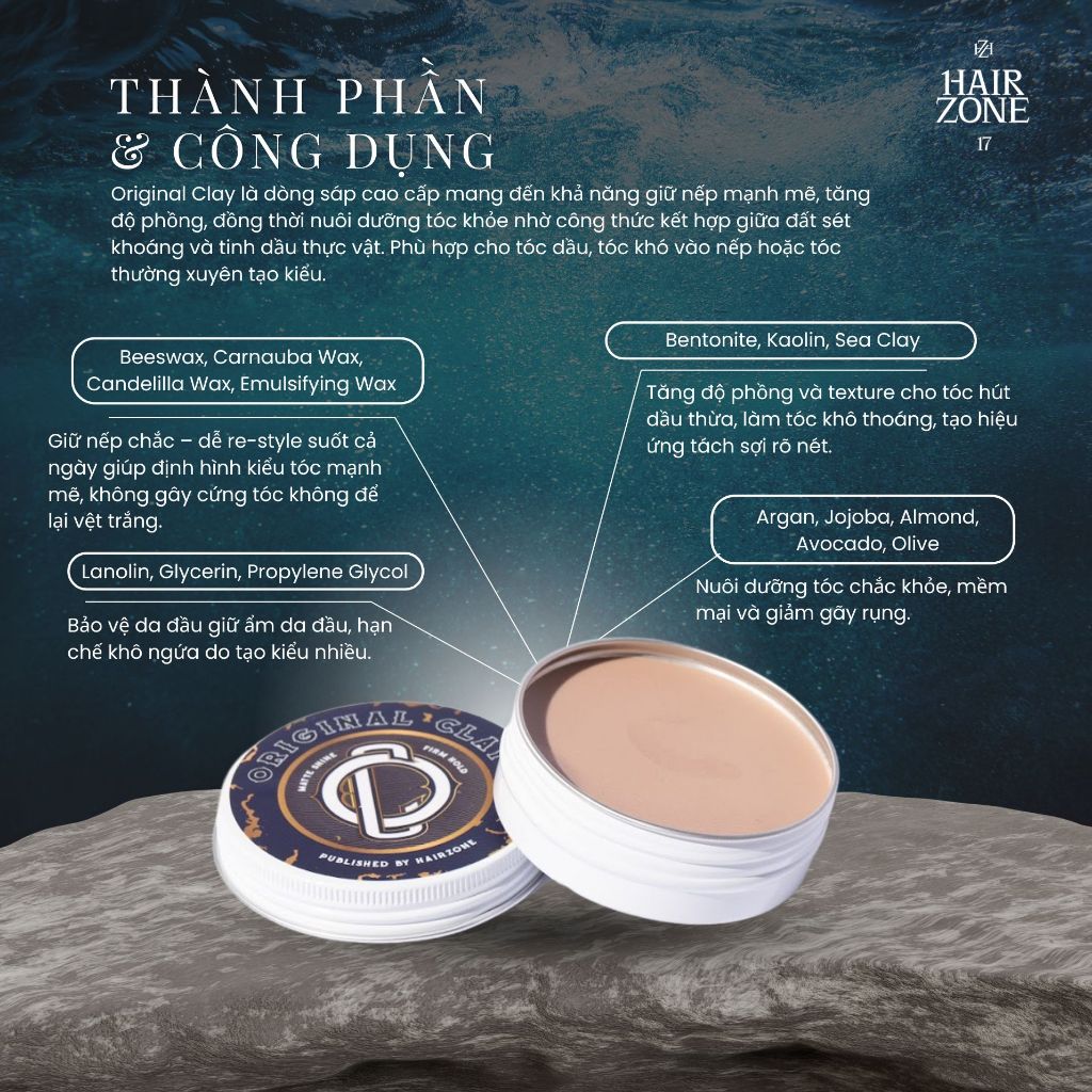 [HAIRZONE] Sáp Vuốt Tóc Original Clay 2Oz | Giữ Nếp Khỏe, Matte Shine Bóng Mờ Tự Nhiên, Volume Cực Cao | Hàng chính hãng
