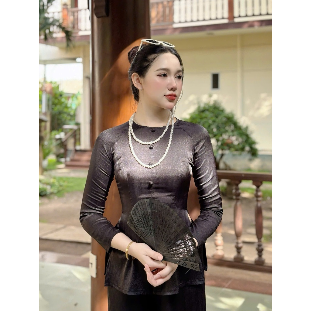 Hân Nguyễn Áo Bà Ba - B.A109 - Bộ Bà Ba Gấm Xước Nút Nụ Cổ Tròn Tay Dài Dây Kéo