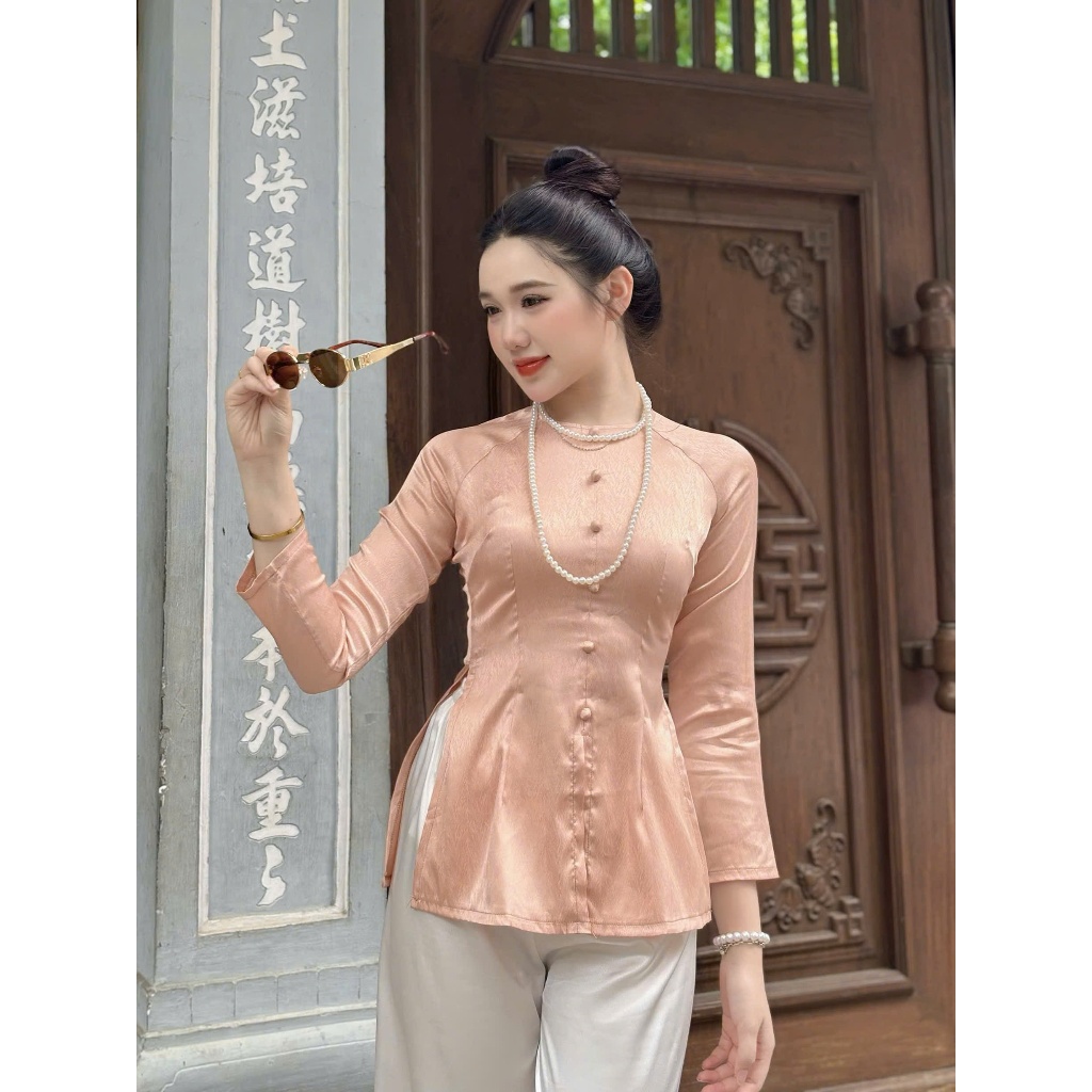 Hân Nguyễn Áo Bà Ba - B.A109 - Bộ Bà Ba Gấm Xước Nút Nụ Cổ Tròn Tay Dài Dây Kéo