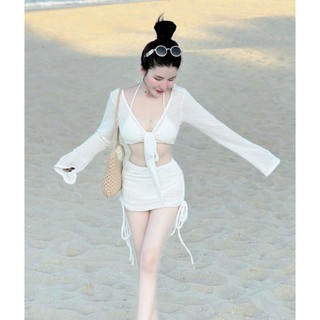 Set váy ôm body đi biển cực sexy chất Len ren cổ chữ V tay dài form rộng siêu mát kèm bikini có mútphối váy ngắn midi