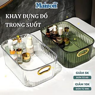 Khay nhựa trong suốt đựng mỹ phẩm có tay cầm, Hộp đựng đồ đề bàn dụng cụ trang điểm MAISON
