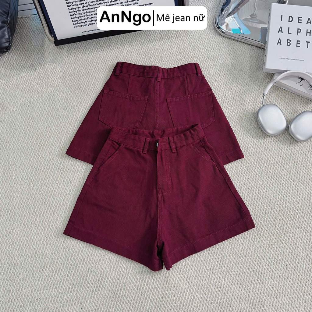 Quần short jean nữ lưng cao ống rộng nẹp lai, chất vải denim không co giãn cực xinh Anngo - AT537