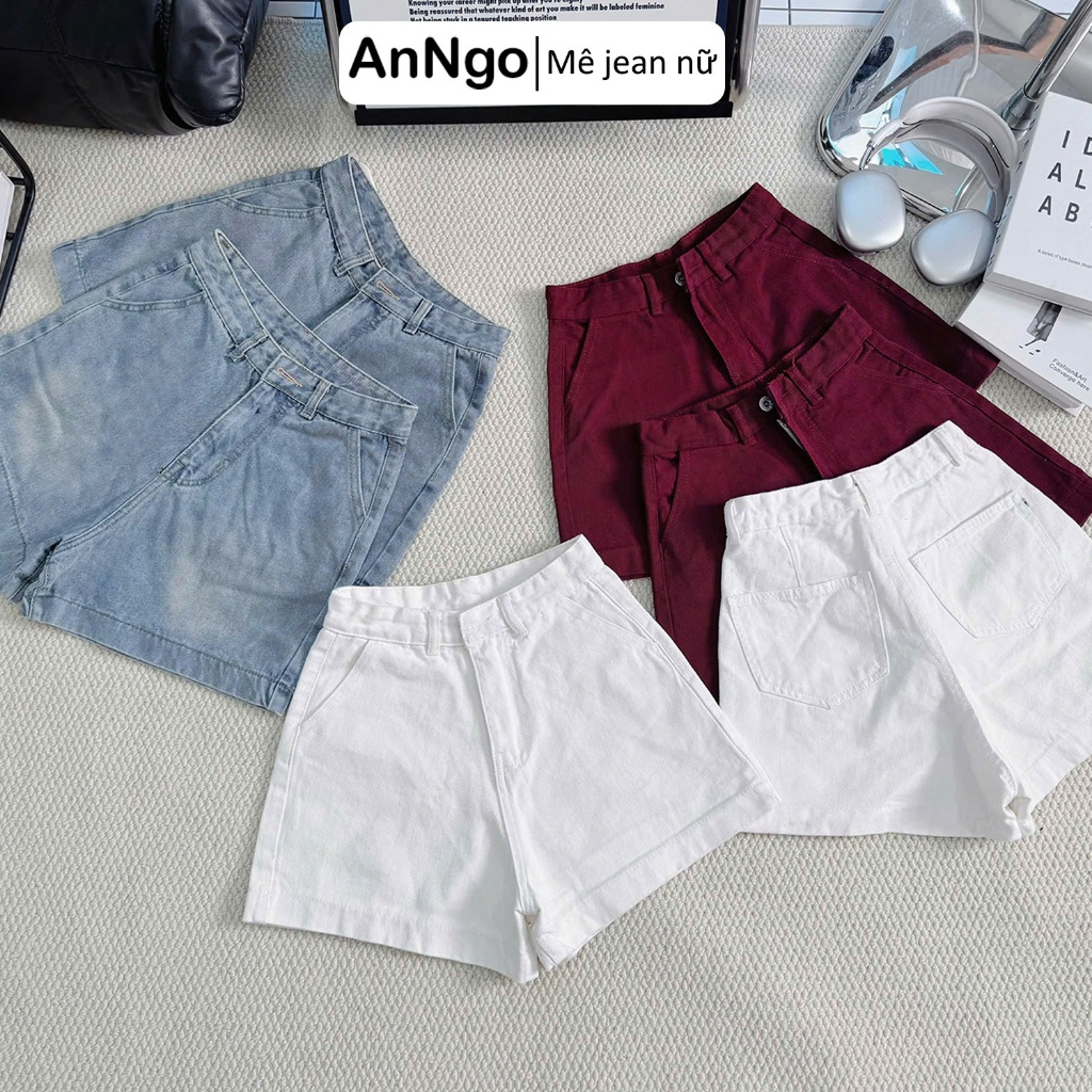 Quần short jean nữ lưng cao ống rộng nẹp lai, chất vải denim không co giãn cực xinh Anngo - AT537