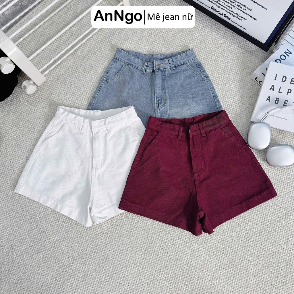 Quần short jean nữ lưng cao ống rộng nẹp lai, chất vải denim không co giãn cực xinh Anngo - AT537