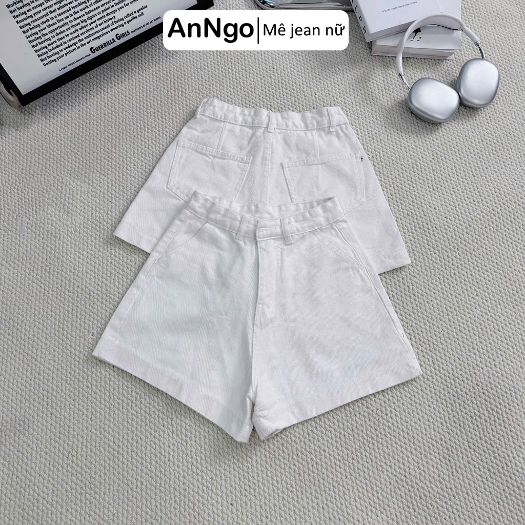 Quần short jean nữ lưng cao ống rộng nẹp lai, chất vải denim không co giãn cực xinh Anngo - AT537