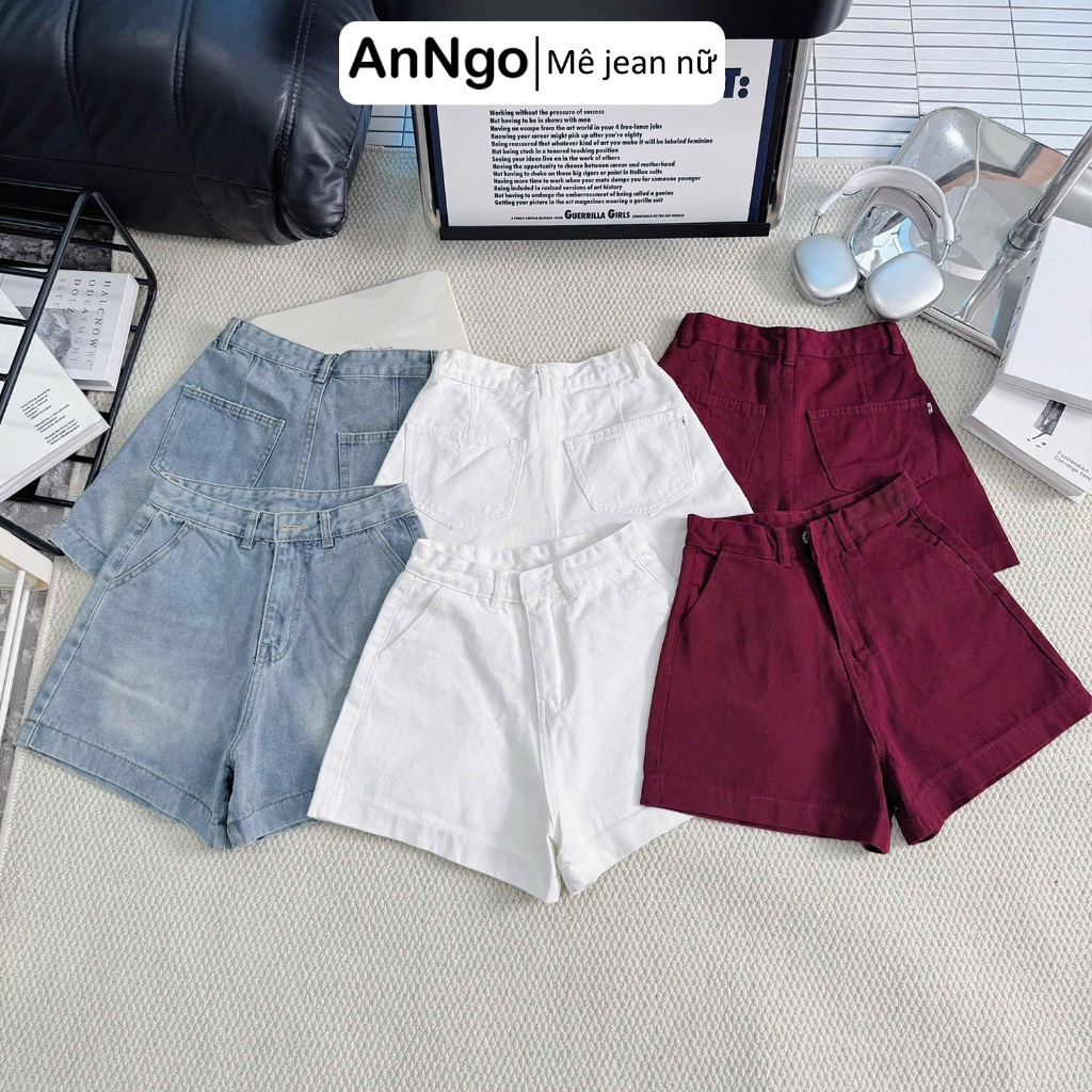 Quần short jean nữ lưng cao ống rộng nẹp lai, chất vải denim không co giãn cực xinh Anngo - AT537