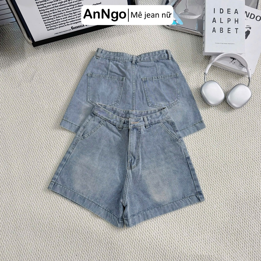 Quần short jean nữ lưng cao ống rộng nẹp lai, chất vải denim không co giãn cực xinh Anngo - AT537