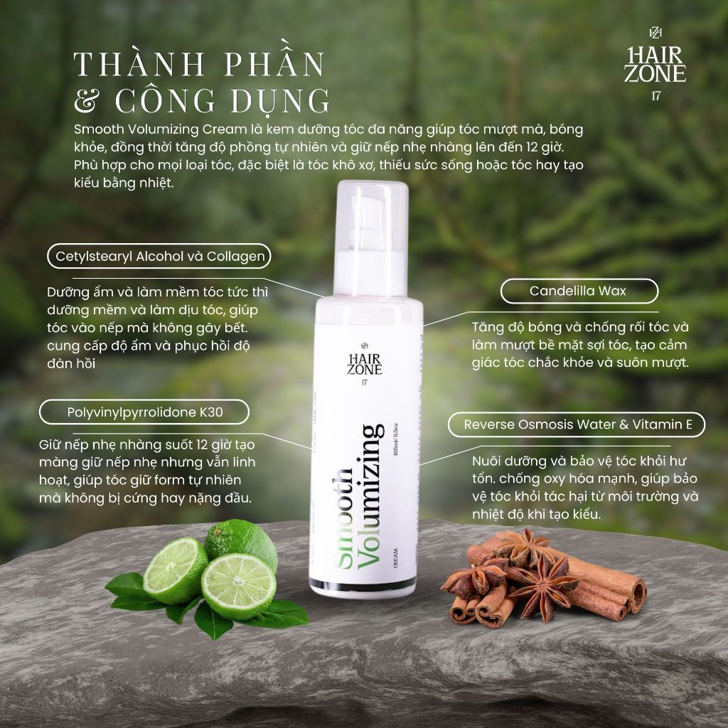[HAIRZONE] Kem Tạo Phồng Dưỡng Ẩm Smooth Volumizing Cream 155ml | Giữ Nếp Tự Nhiên, Làm Mượt Suốt 12h | Hàng chính hãng
