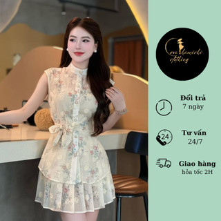 set váy thiết kế hoa chân dập ly cài đai Eva hamichi