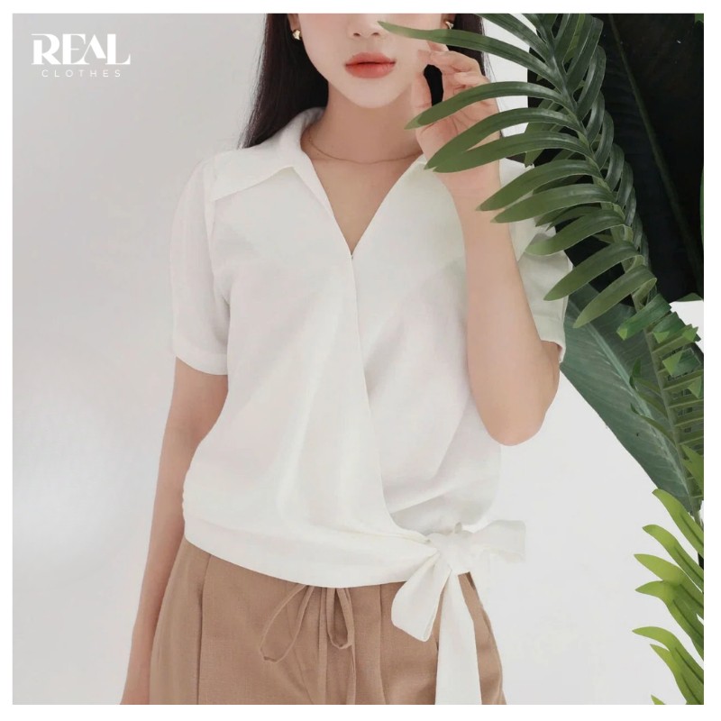 Áo cột eo REAL CLOTHES (tổng hợp màu), vải linen, không có lót, có nút gài trước ngực