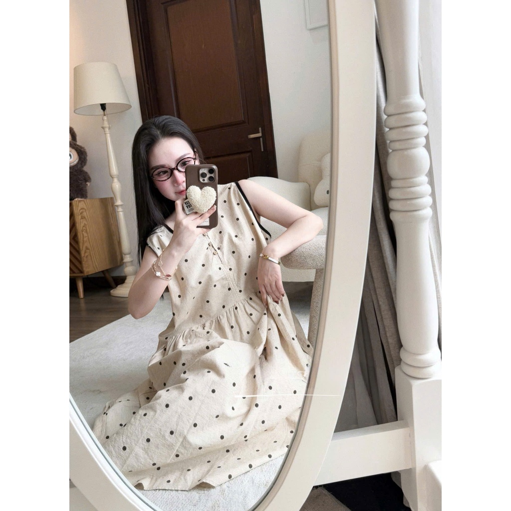 NH CLOTHERS - Đầm chấm bi dáng dài form suông thiết kế sát nách cổ tròn thanh lịch