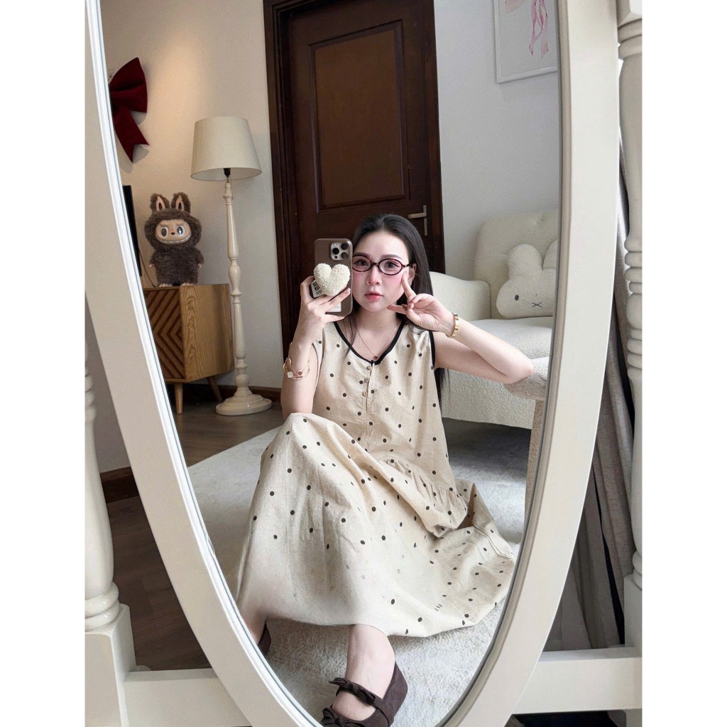 NH CLOTHERS - Đầm chấm bi dáng dài form suông thiết kế sát nách cổ tròn thanh lịch