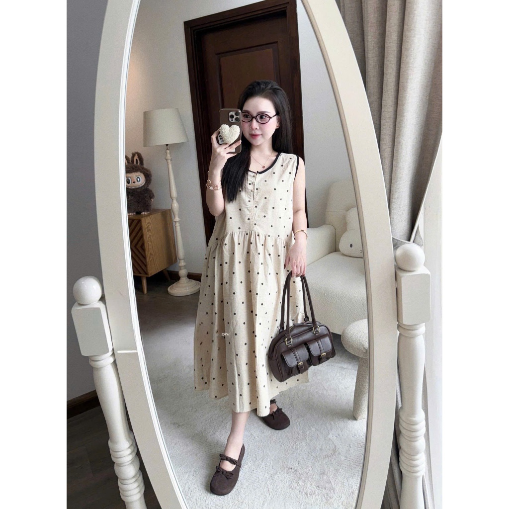 NH CLOTHERS - Đầm chấm bi dáng dài form suông thiết kế sát nách cổ tròn thanh lịch