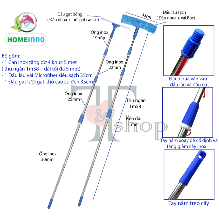 Bộ Cây Lau Kính, Gạt Kính Cán Tăng Đơ Thu Ngắn 1 Mét 5 - Kéo Dài 5 Mét Homeinno