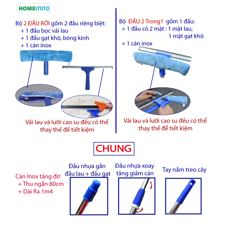 Cây Lau Kính, Gạt Kính Đa Năng Cán Tăng Đơ Thu Ngắn 90cm Dài Ra 1m4 Homeinno (2 Đầu Rời/Đầu 2 Trong 1)