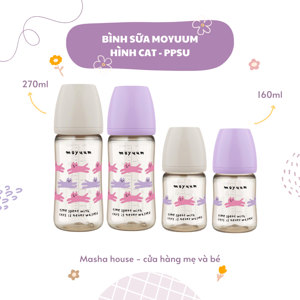 Bình sữa MOYUUM PPSU PHIÊN BẢN WITH CAT, 170ml 270ml ( Xám ), Tem Phụ ...