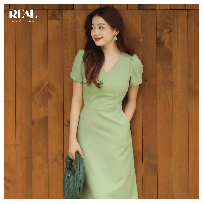 Đầm cổ V tay phồng Linda REAL CLOTHES (tổng hợp màu), CÓ TÚI, có lót
