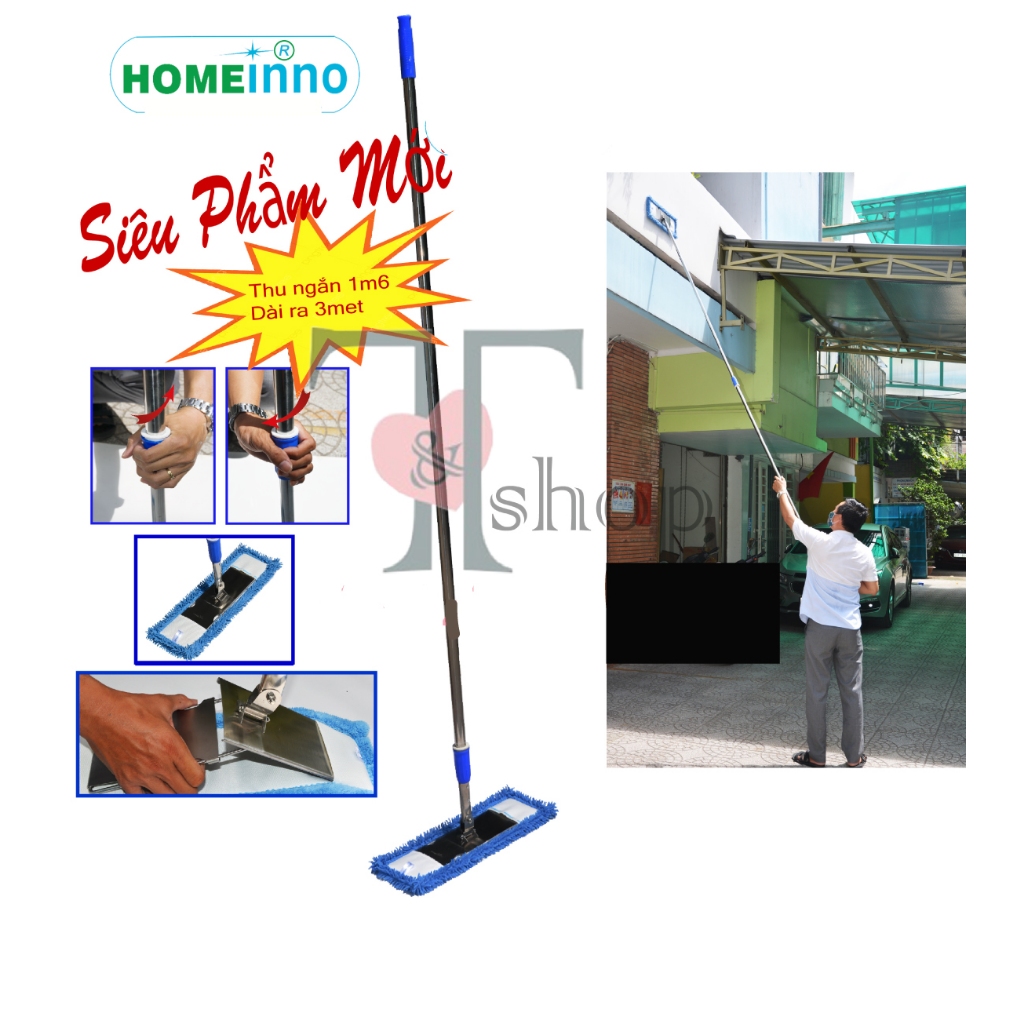 Cây Lau Nhà, Lau Tường Cán Thu Ngắn 1.6mét Kéo Dài 3mét Microfiber San Hô 45cm Homeinno