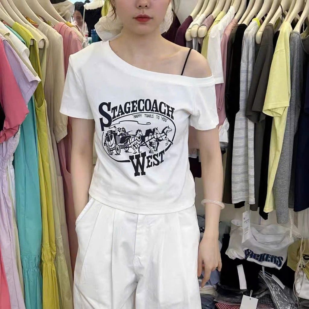 ÁO THUN NỮ LỆCH VAI ÔM NHẸ IN HÌNH ĐƠN GIẢN